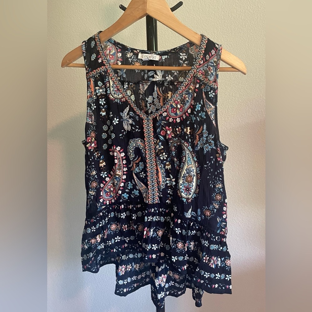 Patrons of Peace - Navy blue paisley/floral print tank top. Size medium